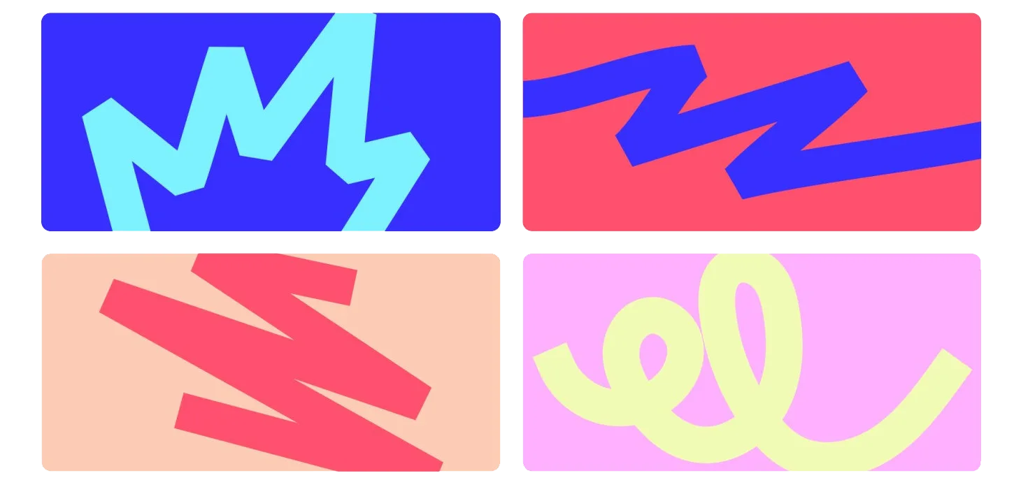 Quatre motifs graphiques de la nouvelle identité Cdiscount : traits zigzag et boucles aux couleurs vives