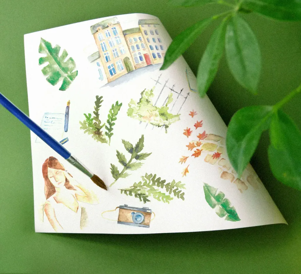 Illustrations à l'aquarelle pour le book Bocage : façades, feuillages, appareil photo et pinceau posé