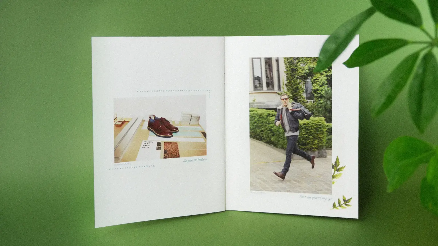 Book catalogue Bocage ouvert sur des chaussures homme bordeaux et un homme marchant dans la rue