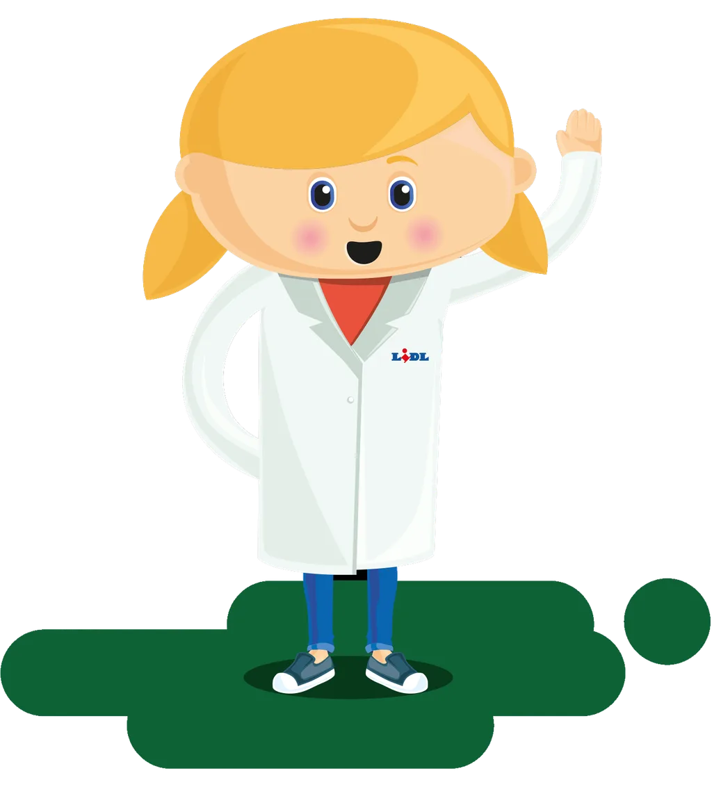 Illustration d'Alice, petite fille en blouse blanche Lidl qui salue, mascotte du parcours écoresponsable