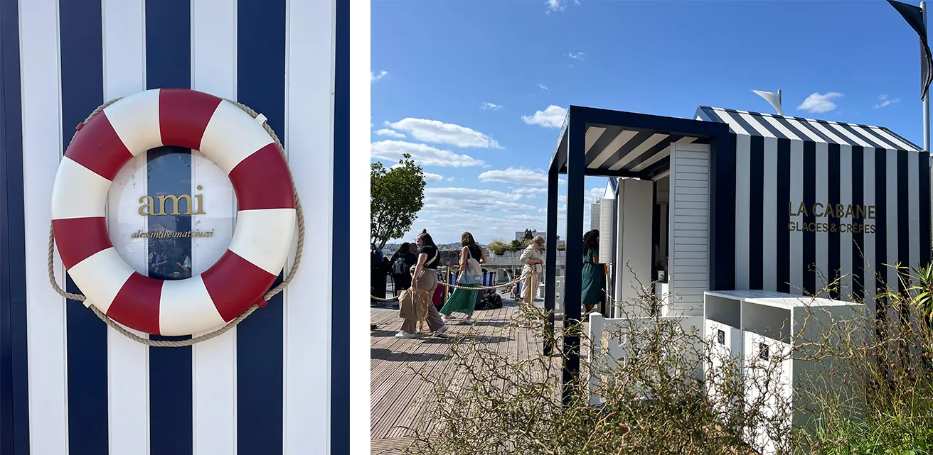 Bouée rouge et blanche au logo ami et cabine La Cabane rayée sur la terrasse en bois