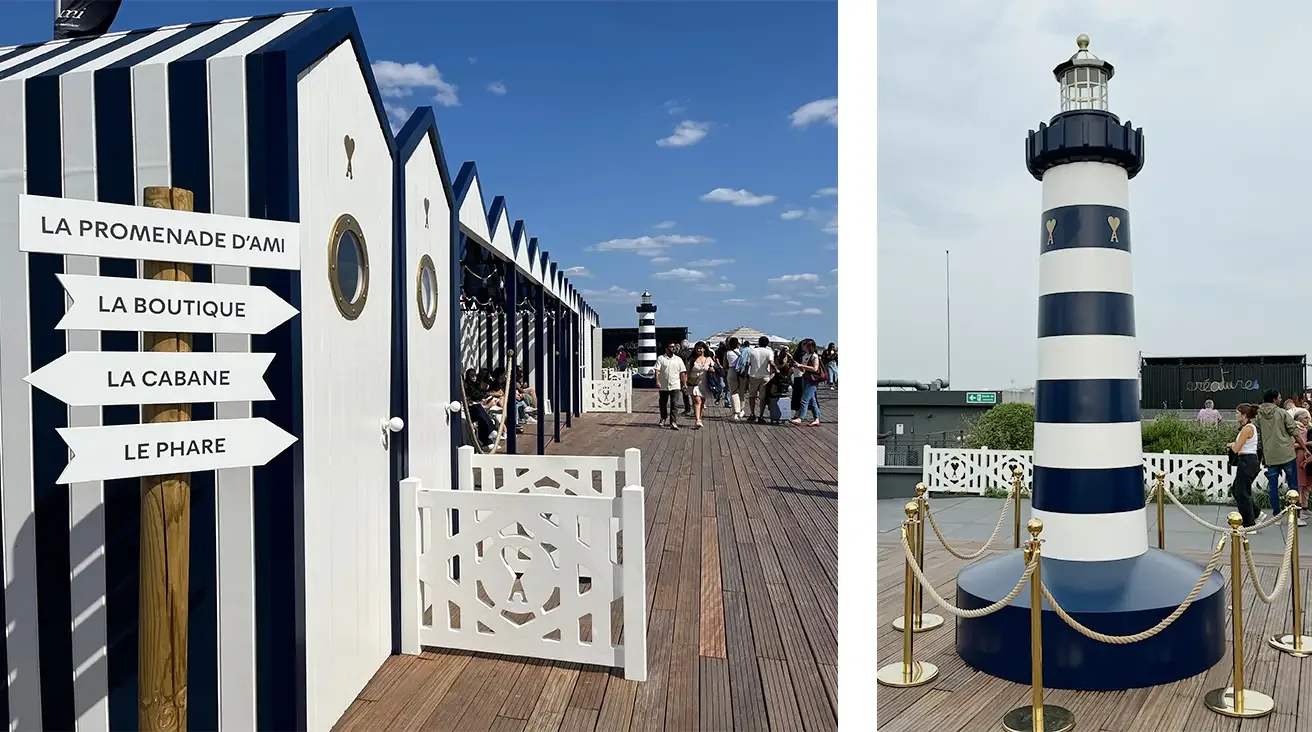 Cabines de plage rayées bleu marine et blanc et phare de la plage AMI sur un rooftop parisien