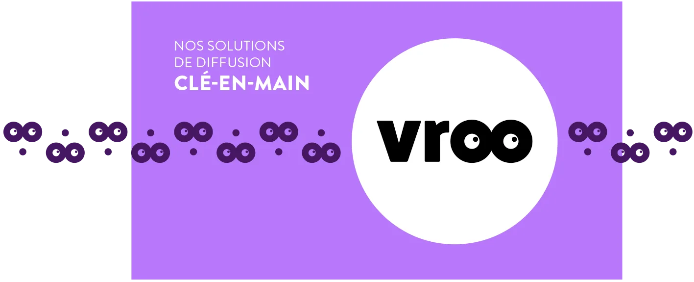 Bandeau violet Diversion pour l'offre Vroo, Nos solutions de diffusion clé-en-main, avec motif de paires d'yeux