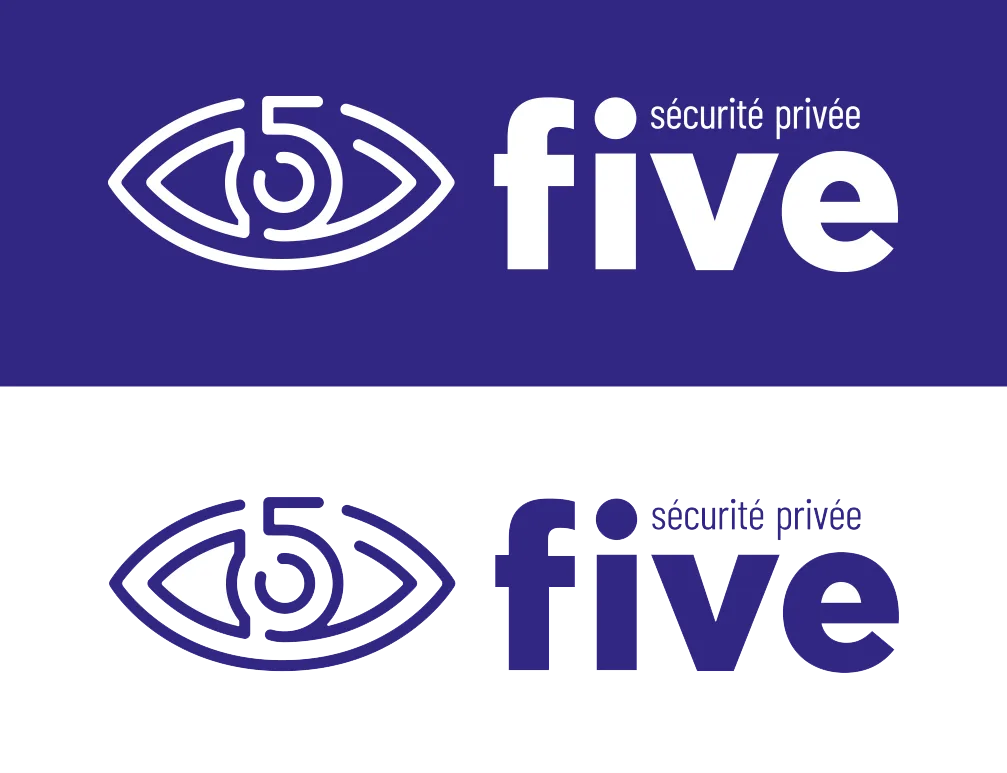 Logo Five sécurité privée, oeil intégrant le chiffre 5, en version blanche sur violet et violette sur blanc