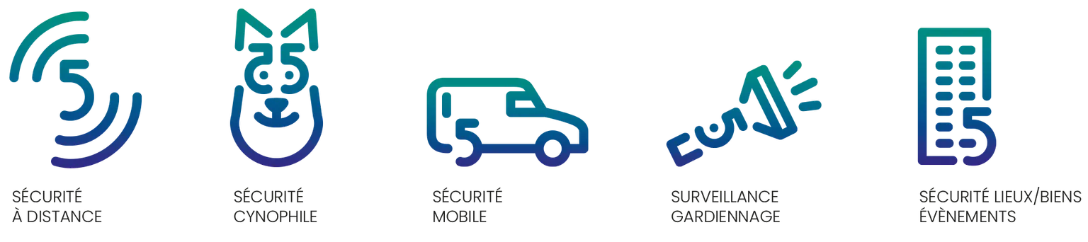 Pictogrammes Five Sécurité privée : sécurité à distance, cynophile, mobile, surveillance gardiennage, lieux et événements
