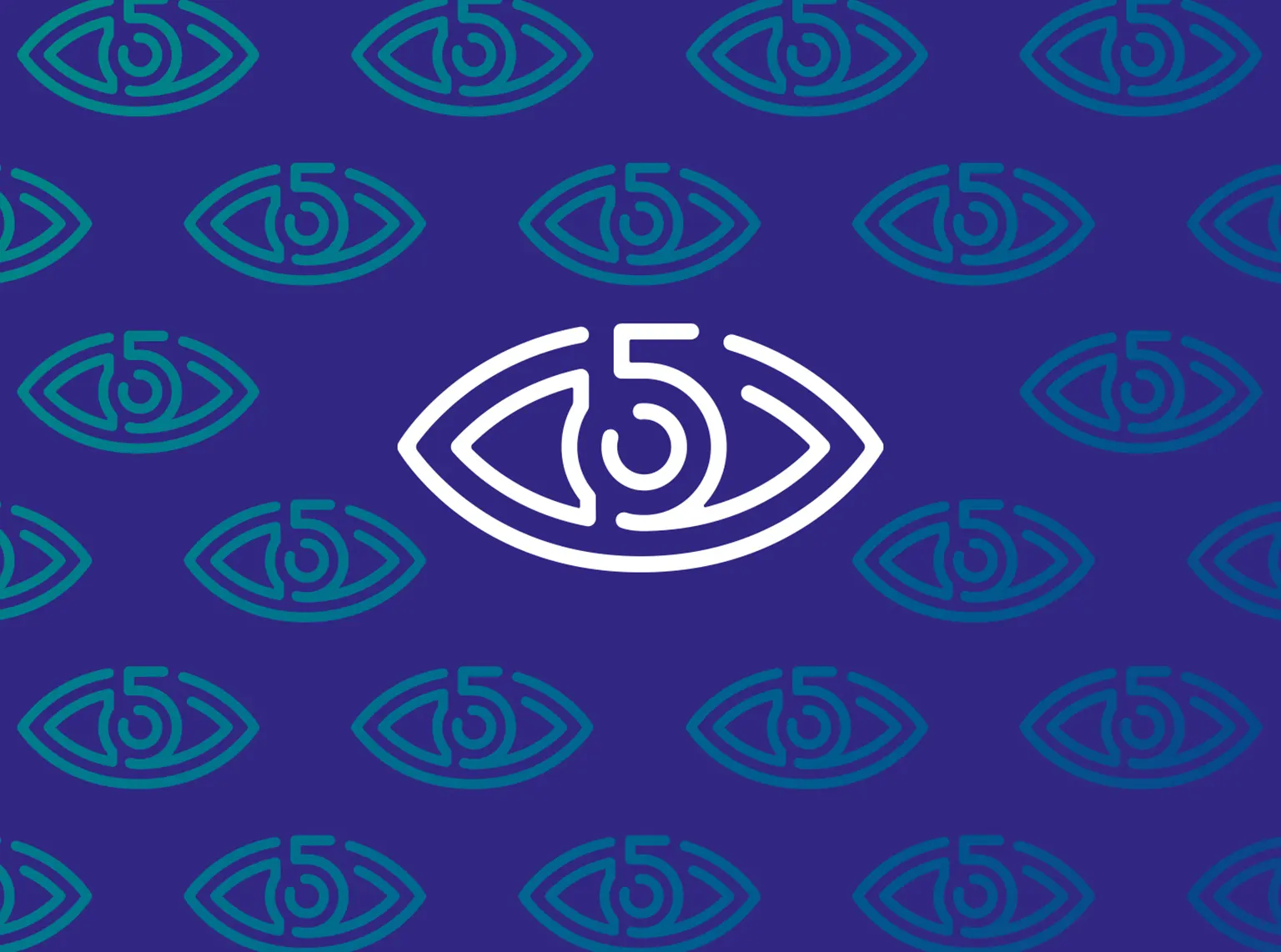 Motif répété de l'oeil au chiffre 5 de Five Sécurité privée, en blanc et bleu-vert sur fond violet
