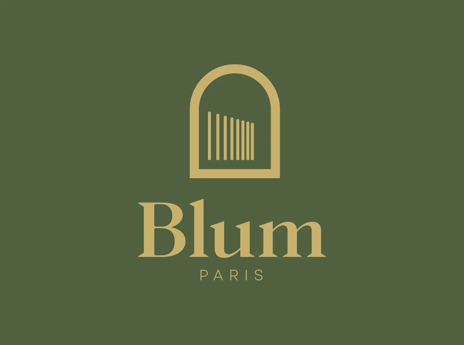 Logo Blum Paris doré sur fond vert, une arche abritant une grille, pour le groupe Galia