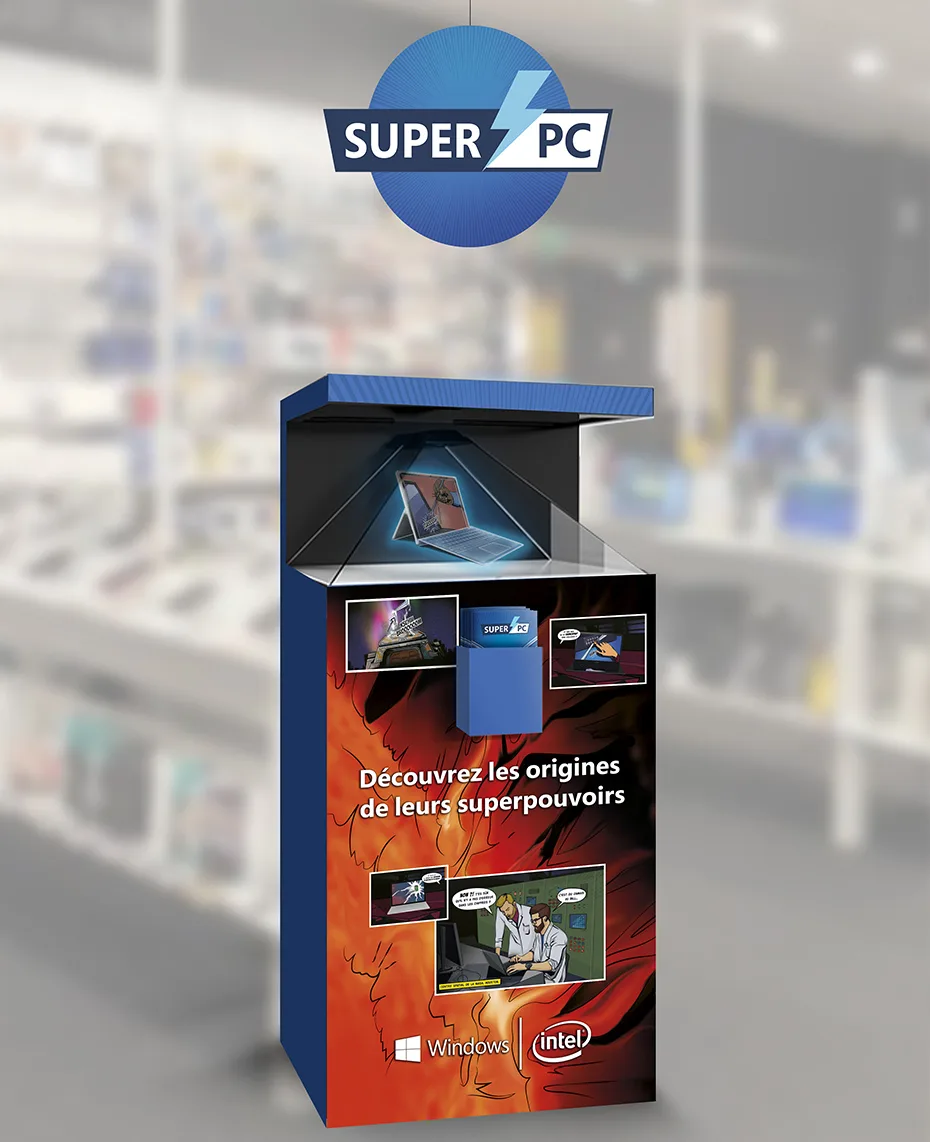 Borne Super PC pour Microsoft avec hologramme et visuels BD, Découvrez les origines de leurs superpouvoirs