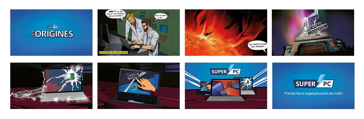 Planches de bande dessinée de la vidéo Super PC Les origines pour Microsoft, Windows et Intel