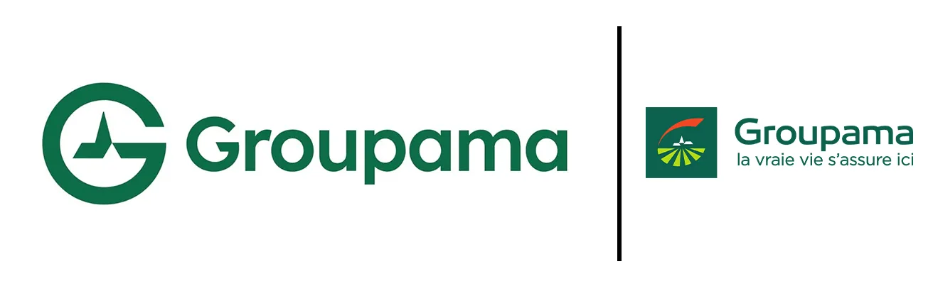 Nouveau logo Groupama vert et ancien logo avec la signature la vraie vie s'assure ici, côte à côte