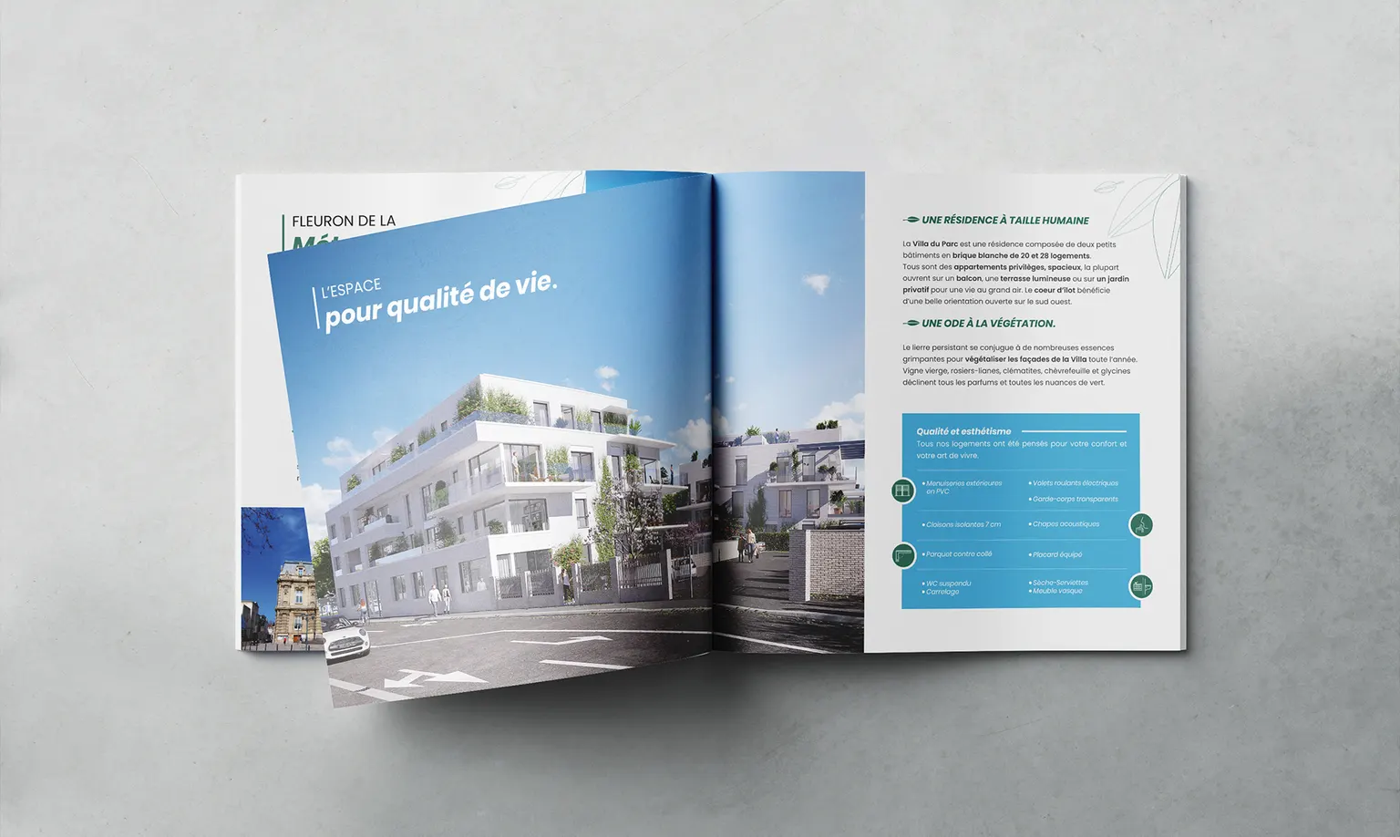 Brochure Villa du Parc ouverte sur une perspective de la résidence, L'espace pour qualité de vie