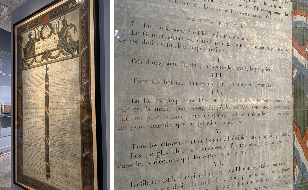 Déclaration des droits de l'homme et du citoyen encadrée et détail de ses articles, exposition Carnavalet