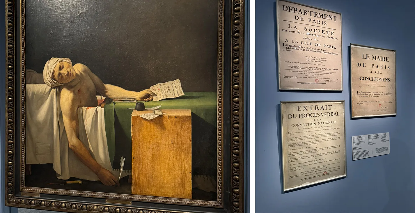 La Mort de Marat exposée à Carnavalet à côté d'affiches officielles de la période révolutionnaire