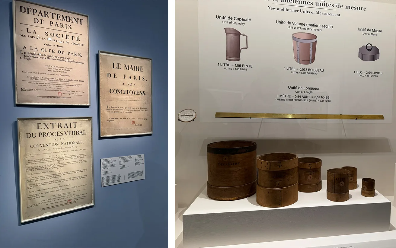 Affiches révolutionnaires et vitrine des nouvelles et anciennes unités de mesure avec boisseaux en bois