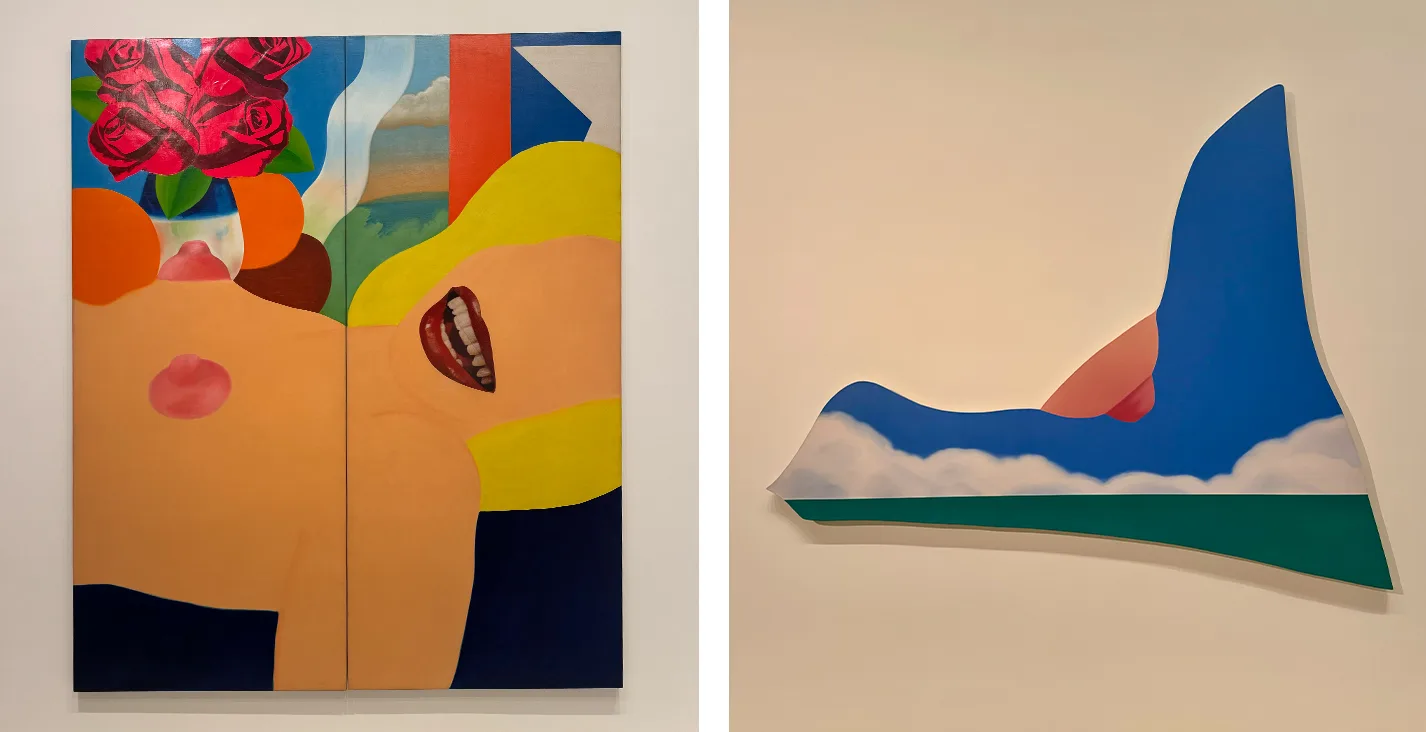 Deux toiles de Tom Wesselmann exposées : nu aux couleurs vives avec roses et bouche, et paysage découpé