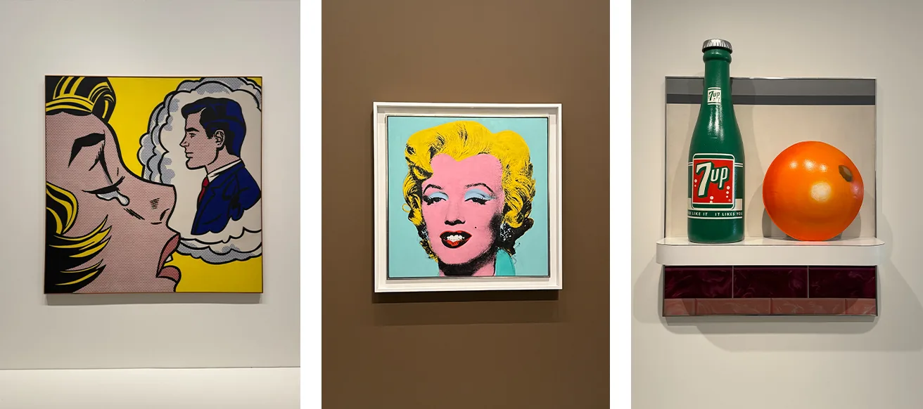 Œuvres pop art exposées : femme en larmes à la Lichtenstein, Marilyn de Warhol et bouteille 7up avec orange
