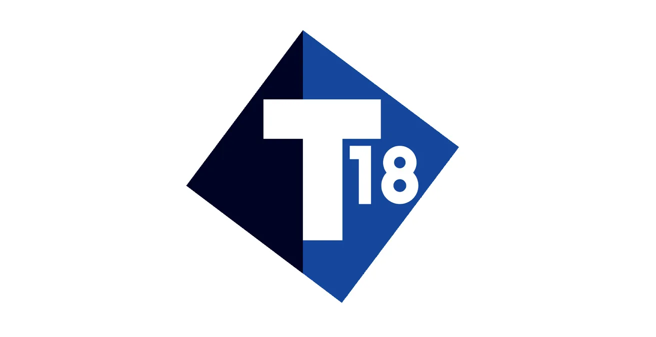 Logo de la chaîne T18 : un T blanc et le chiffre 18 sur un losange bleu
