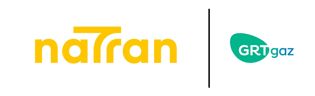 Nouveau logo Natran jaune à gauche et ancien logo GRTgaz vert et bleu à droite