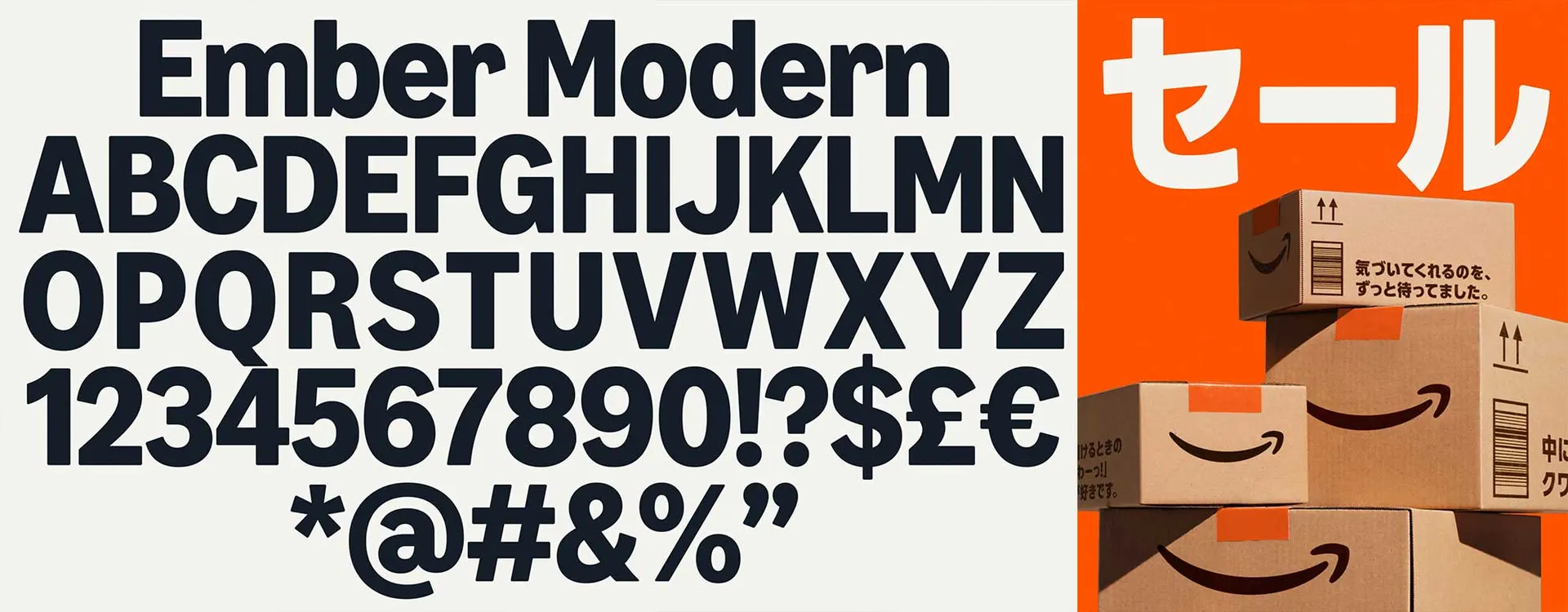 Typographie Ember Modern d'Amazon et visuel promotionnel japonais avec des cartons Amazon