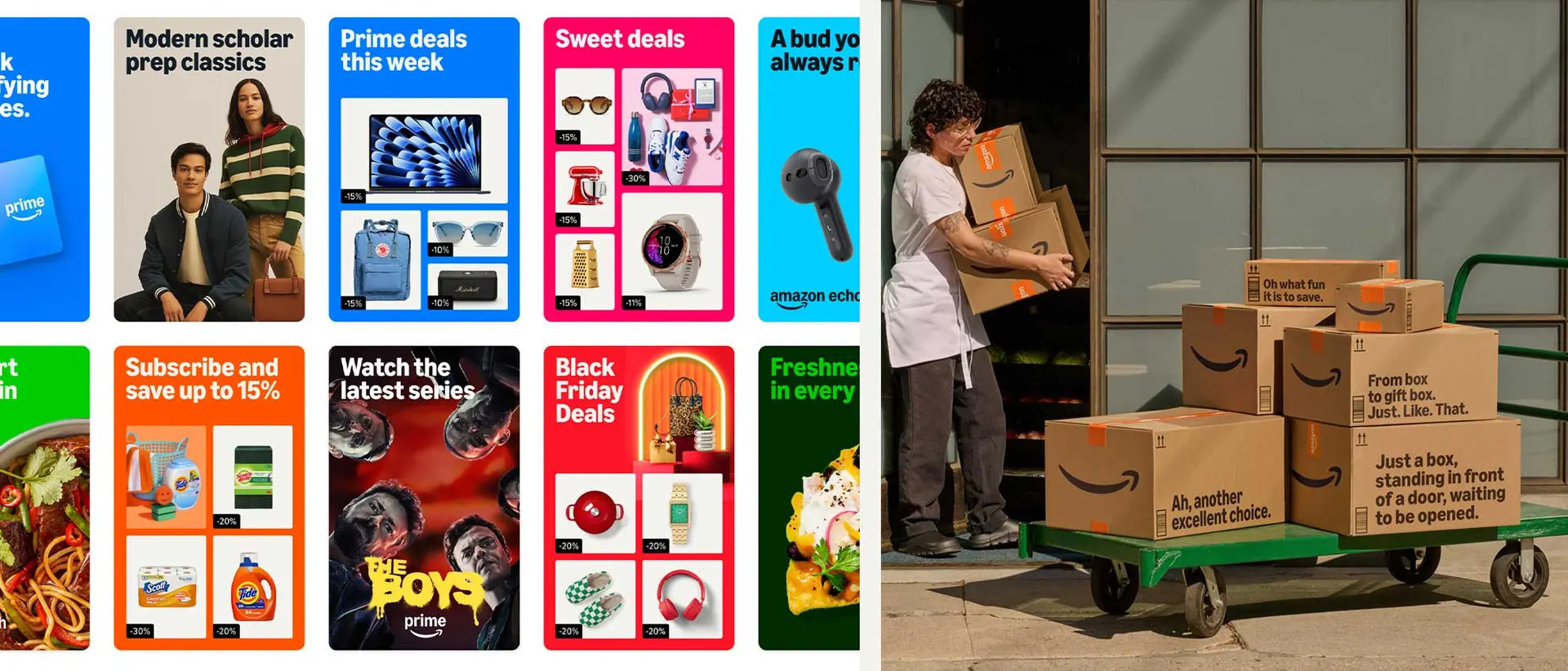 Publicités Amazon colorées et livreur chargeant des cartons Amazon sur un chariot
