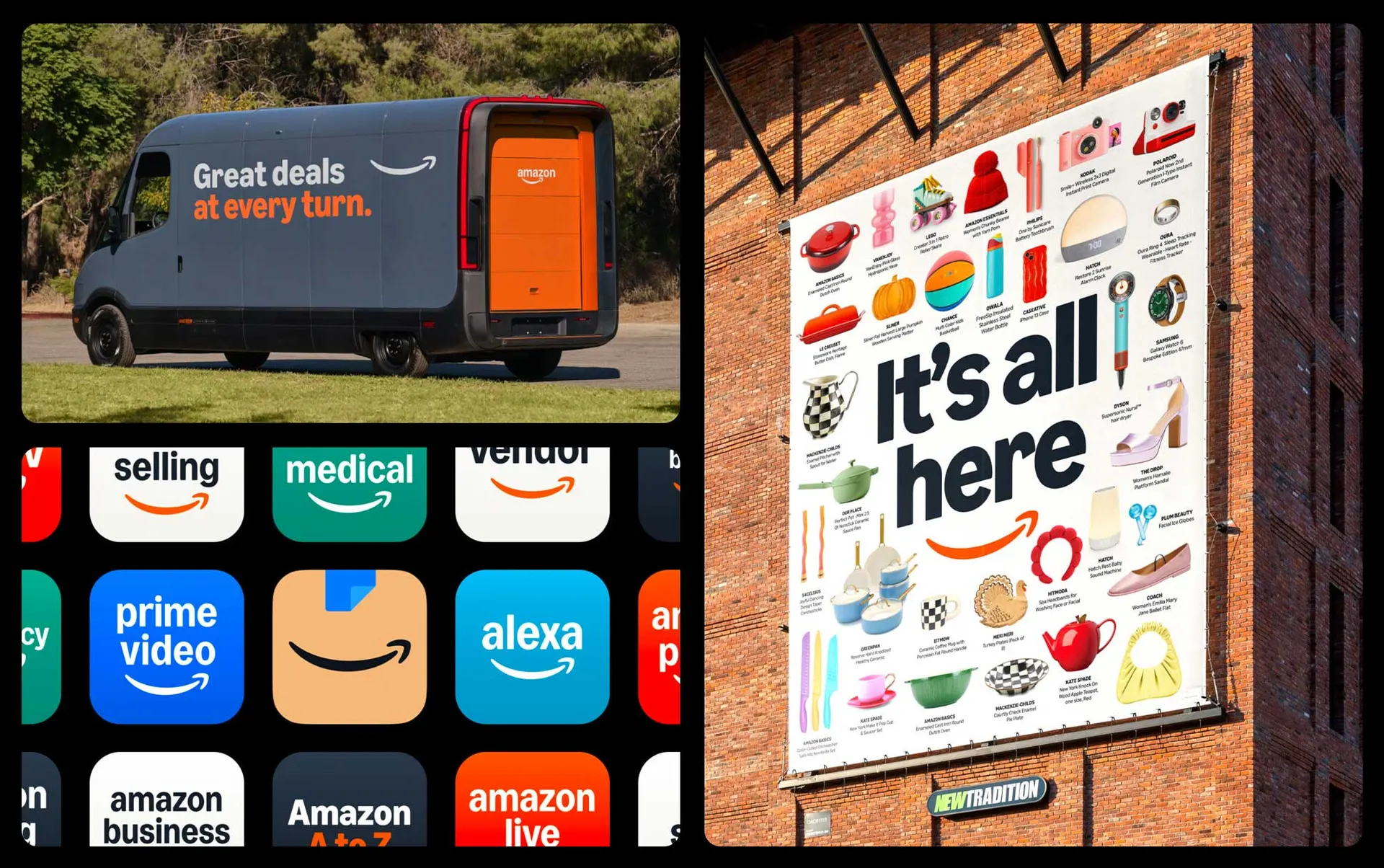 Nouvelle identité Amazon déclinée sur une camionnette de livraison, des icônes d'applications et une affiche It's all here