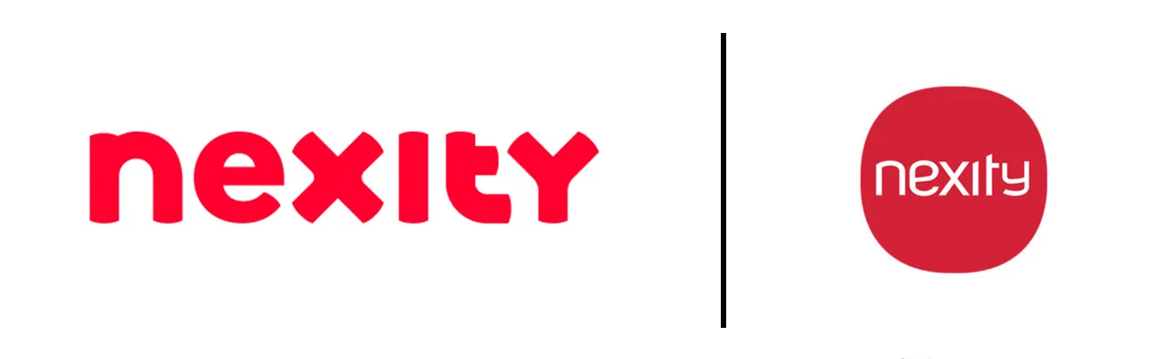 Nouveau logo Nexity en lettres rouges et ancien logo blanc sur pastille rouge, côte à côte