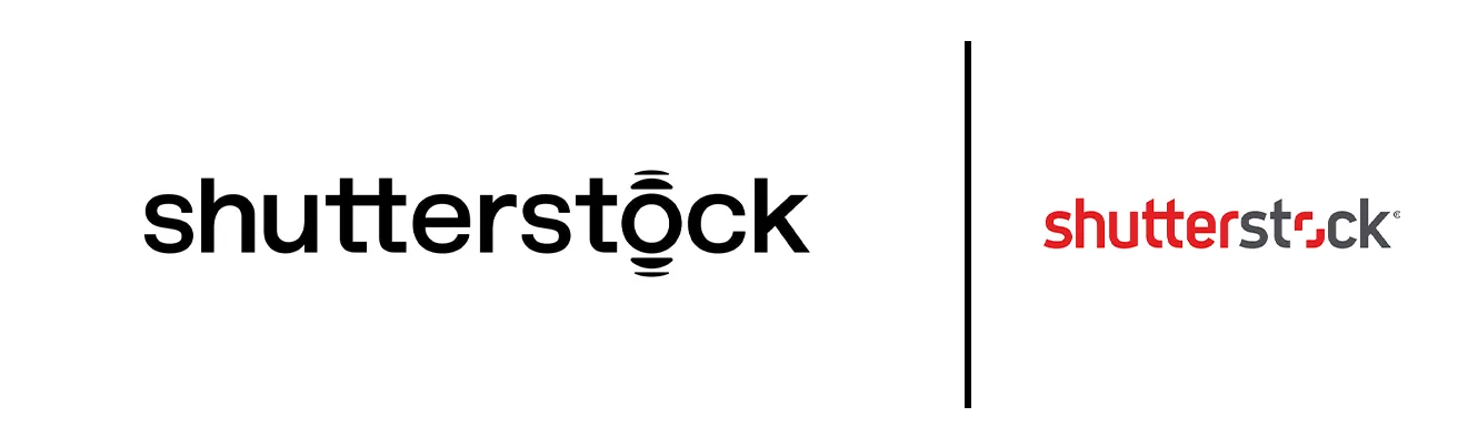 Nouveau logo Shutterstock noir à gauche et ancien logo rouge et gris à droite