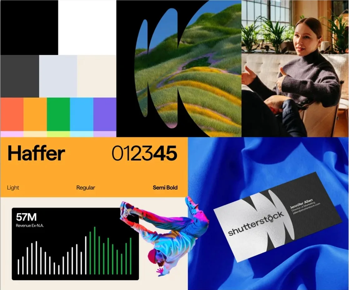 Planche d'identité Shutterstock : palette de couleurs, typographie Haffer, visuels et carte de visite