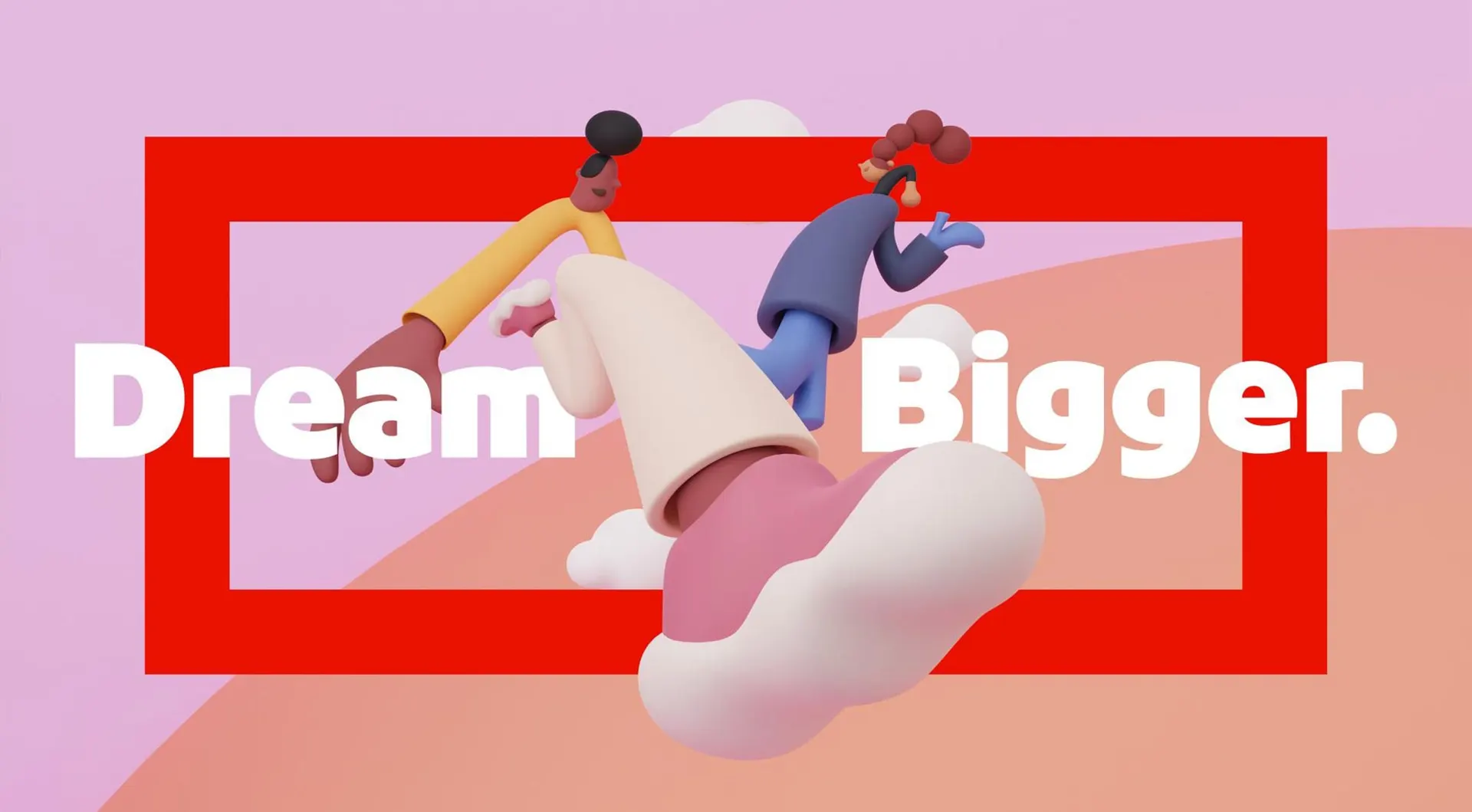Visuel Adobe Dream Bigger avec personnages 3D sur un nuage dans un cadre rouge