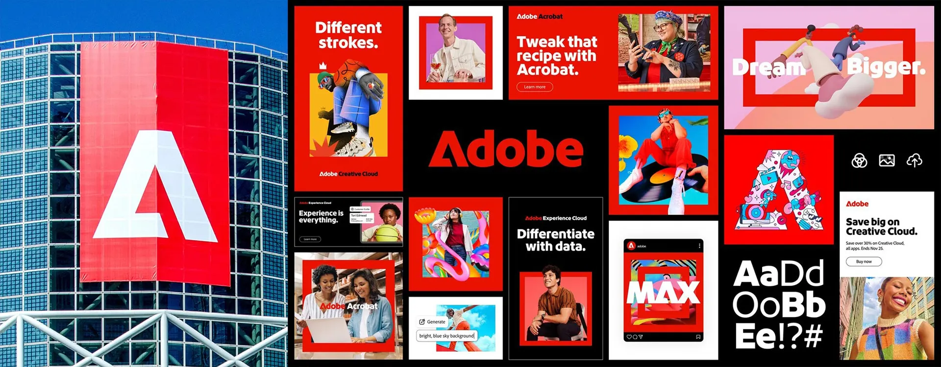 Déclinaisons de la nouvelle identité Adobe : bâche géante sur un bâtiment, affiches et publicités rouges