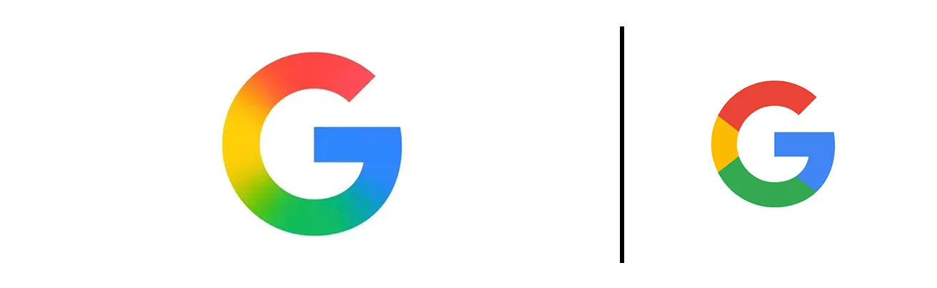 Nouveau G de Google en dégradé de couleurs à gauche et ancien G à aplats à droite