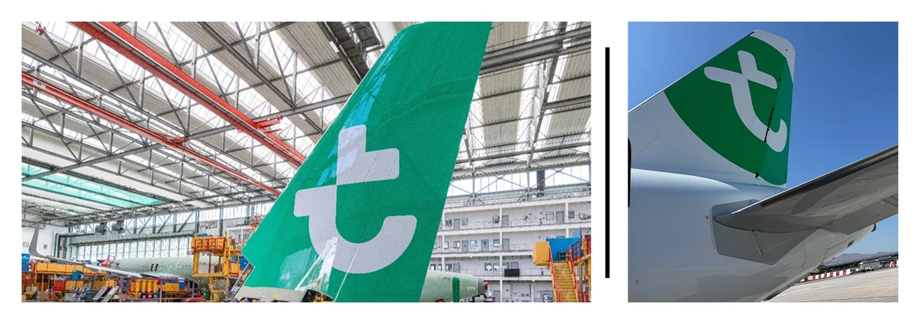 Dérives d'avions Transavia vertes ornées du nouveau monogramme t blanc, en hangar et sur le tarmac