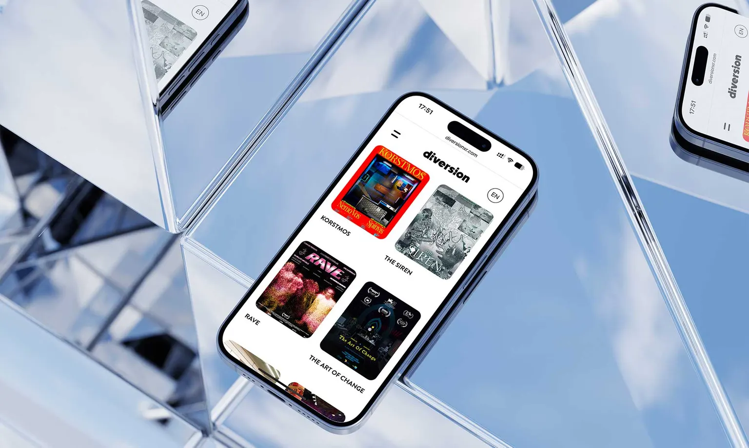 Version mobile du site Diversion sur smartphone, listant les expériences Korstmos, The Siren, Rave et The Art of Change