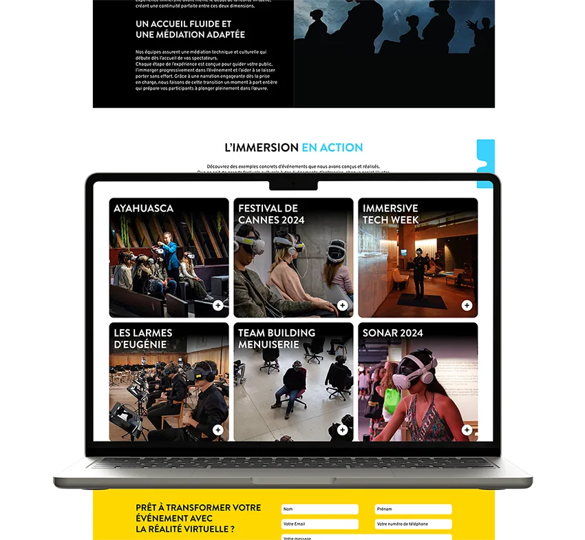 Site Diversion sur écran d'ordinateur portable : section L'immersion en action et projets de réalité virtuelle