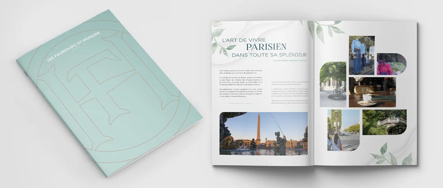Brochure 133 Faubourg St Honoré ouverte sur la double page L'art de vivre parisien dans toute sa splendeur