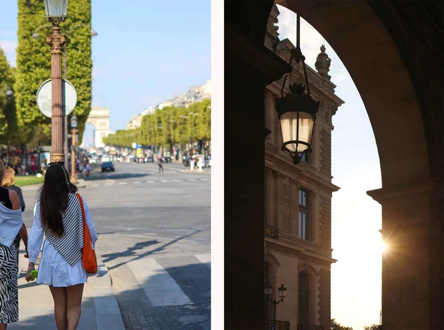 Ambiances parisiennes du programme 133 FSH : promenade vers l'Arc de triomphe et lanterne sous une arcade