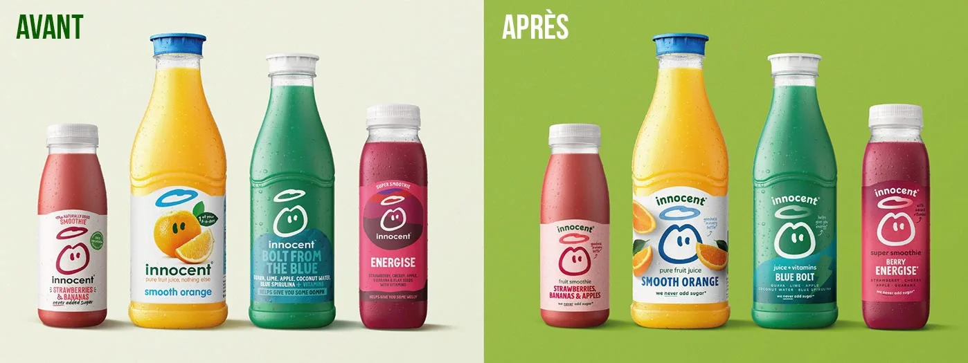 Bouteilles Innocent avant et après la refonte du packaging