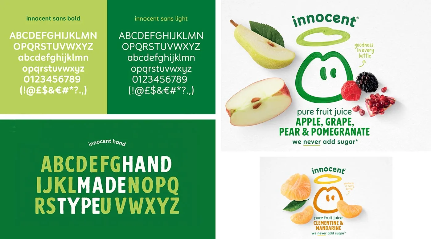 Typographies innocent sans et innocent hand, et étiquettes de jus de fruits avec le nouveau logo