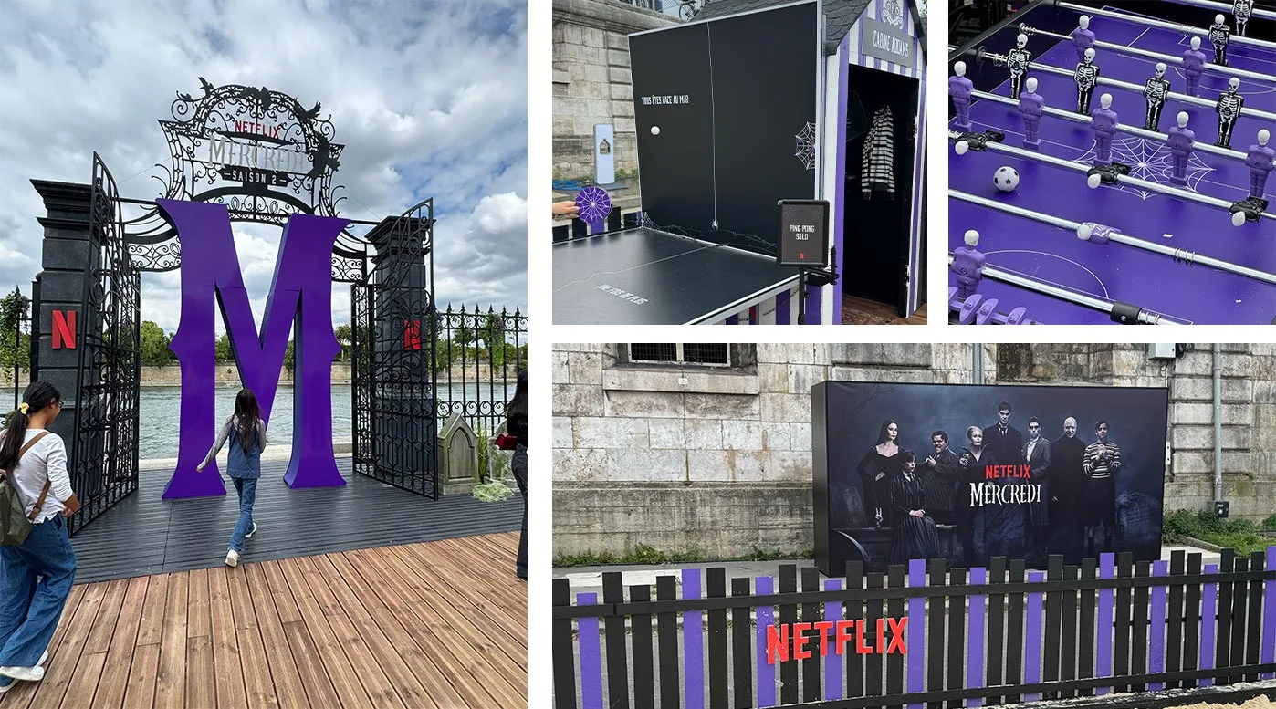 Animations du Beach Club Mercredi : grand M violet, table de ping-pong, babyfoot squelette et affiche Netflix