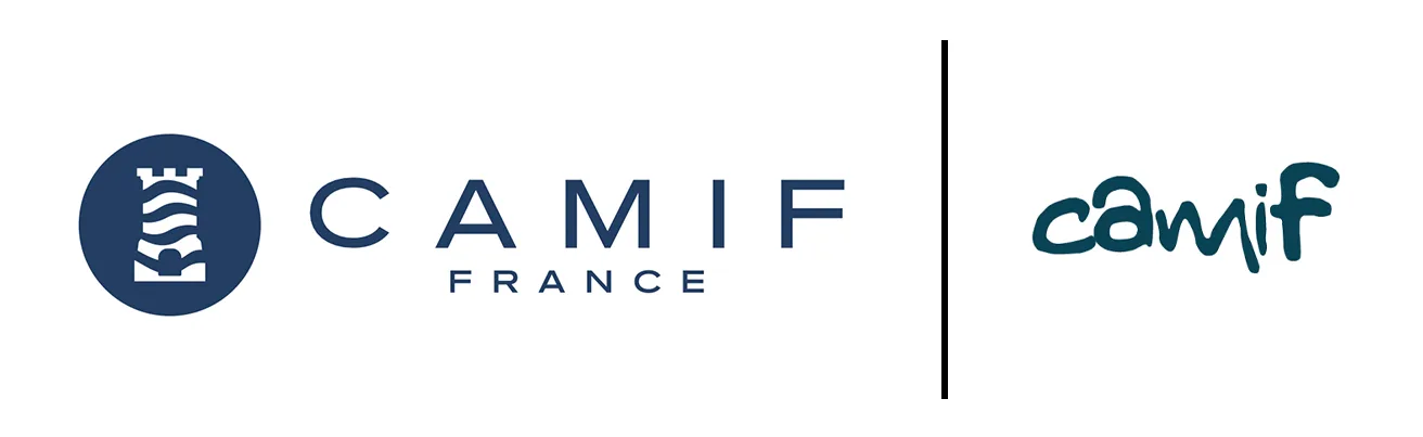 Nouveau logo Camif France avec sa tour sur fond bleu marine à côté de l'ancien logo manuscrit