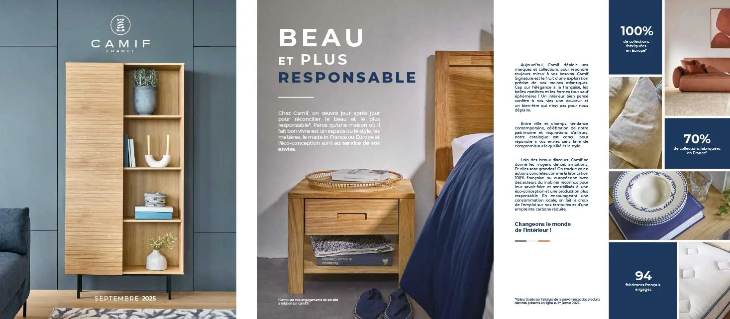 Pages du catalogue Camif septembre 2025 : meubles en bois et titre Beau et plus responsable