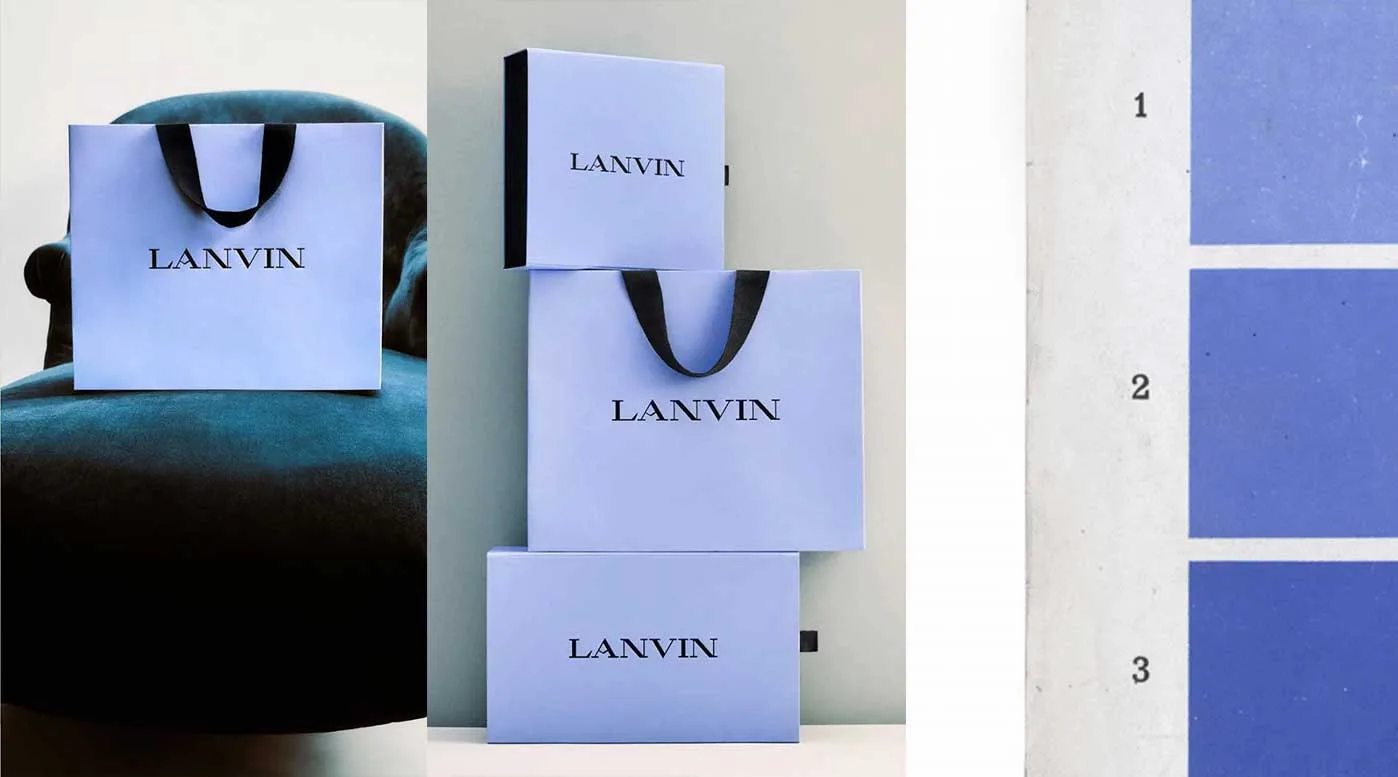 Sacs et boîtes Lanvin dans le nouveau bleu Lanvin et nuancier de trois bleus