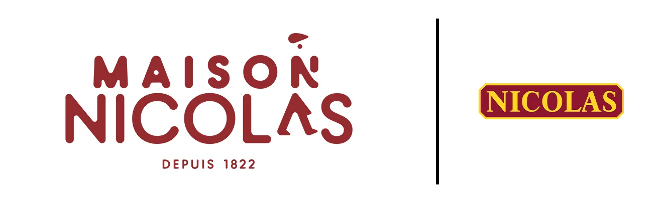 Nouveau logo Maison Nicolas depuis 1822 à côté de l'ancien logo Nicolas rouge et or