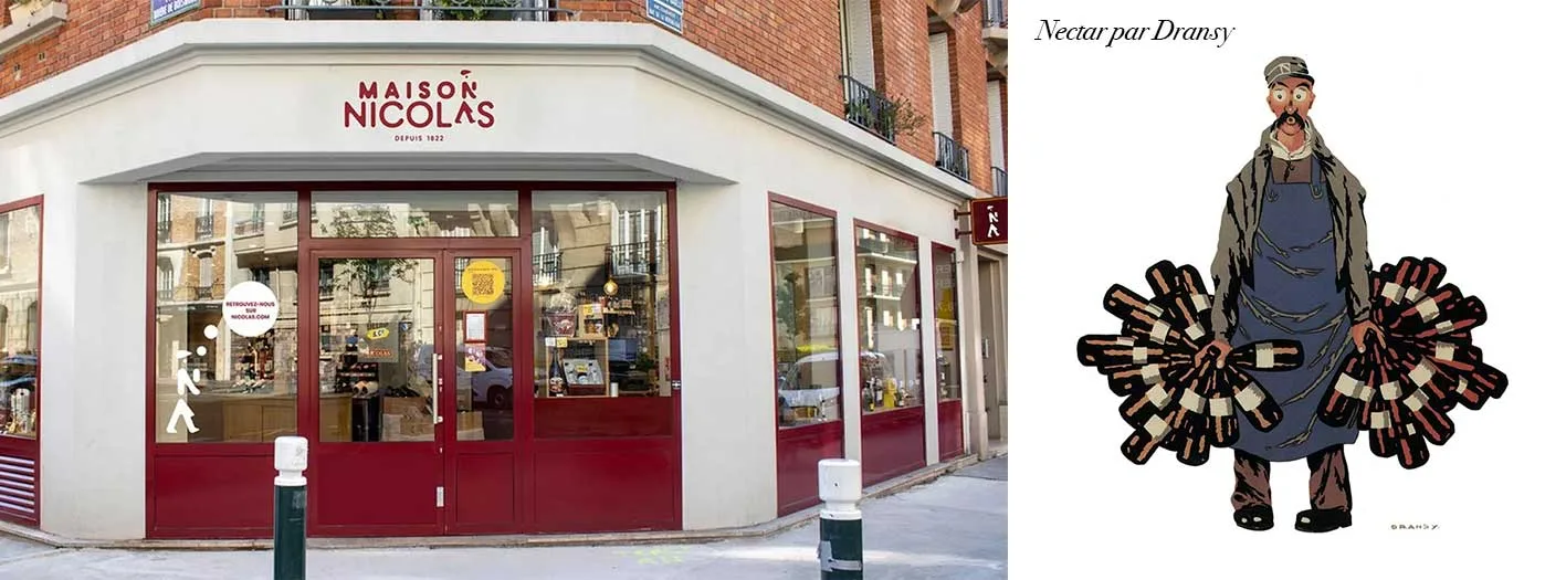 Façade rouge d'une boutique Maison Nicolas et illustration Nectar par Dransy d'un livreur de bouteilles