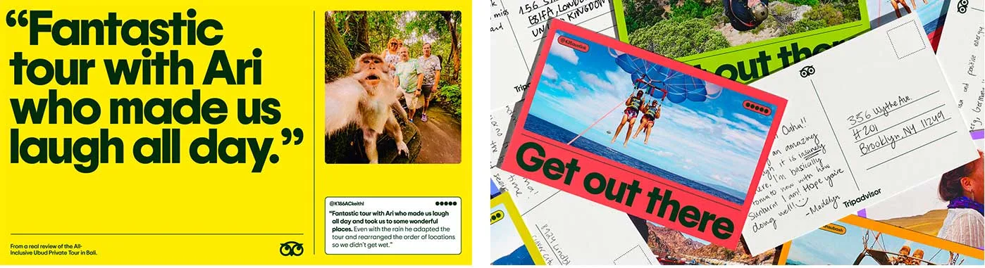 Affiche jaune Tripadvisor avec un avis client et cartes postales Get out there