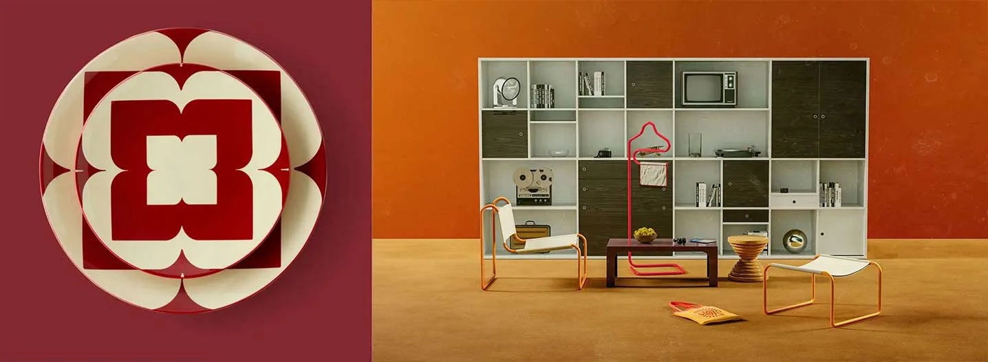 Assiette à motif rouge et salon orange des années 70 avec bibliothèque et mobilier tubulaire