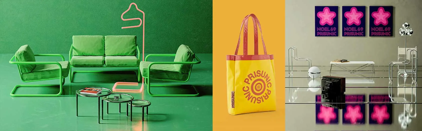 Collection Prisunic par Monoprix : salon vert, sac cabas jaune et intérieur aux affiches roses
