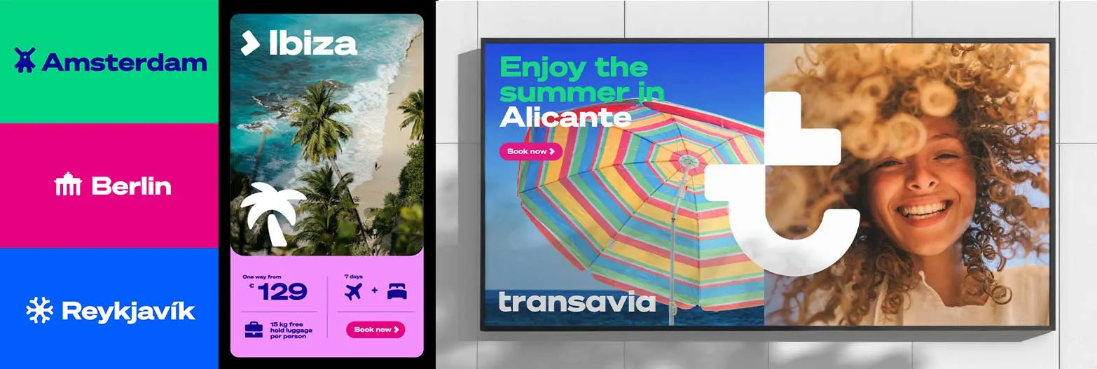 Déclinaisons de la nouvelle identité Transavia : destinations colorées, affiche Ibiza et écran publicitaire Alicante