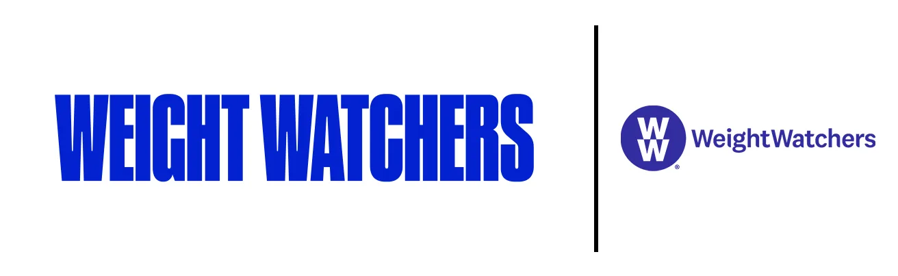 Nouveau logo Weight Watchers en lettres bleues condensées à côté de l'ancien logo WW rond