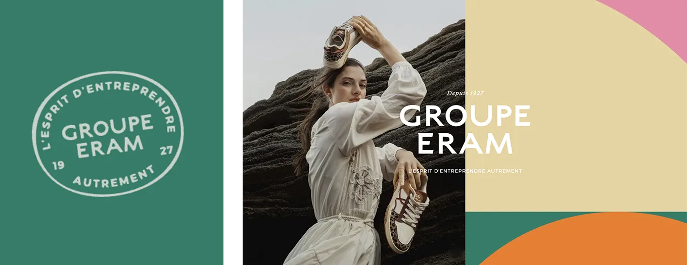 Nouvelle identité du Groupe Eram : cachet vert, visuel de mode avec baskets et motifs colorés